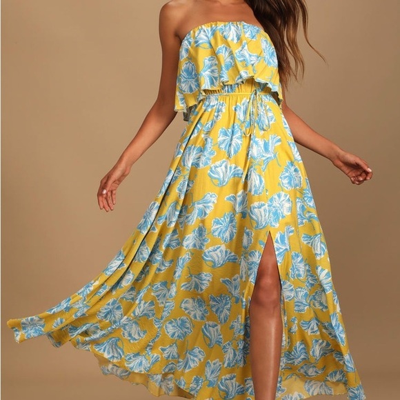 Lulus Dresses & Skirts - Lulus Love Boldly Yellow Blue Floral Off Shoulder Maxi Dress | Size Small